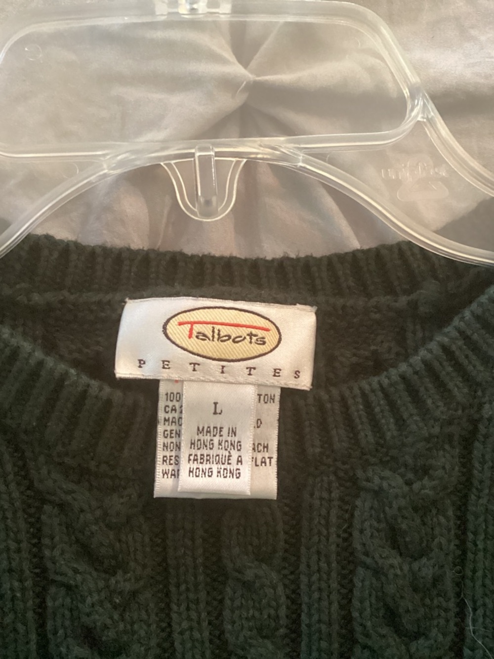 Talbots sweater Dark Green Cable Knit Crewneck cotton Large petite (fits smaller - Picture 4 of 8